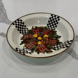 NWOT. Mackenzie Childs enamel evergreen Christmas pie plate Festive Plaid